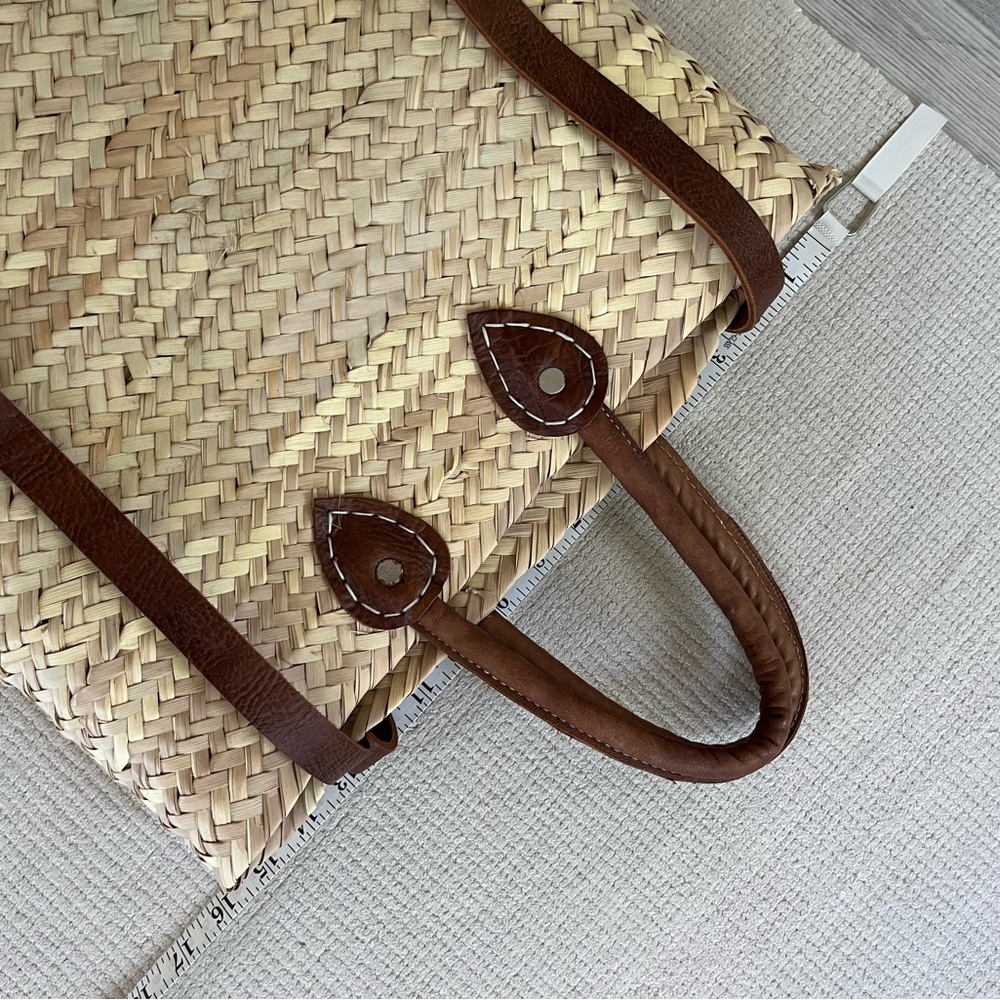 Woven Straw Backpack Tote with Brown Leather Straps - Picture 9 of 11
